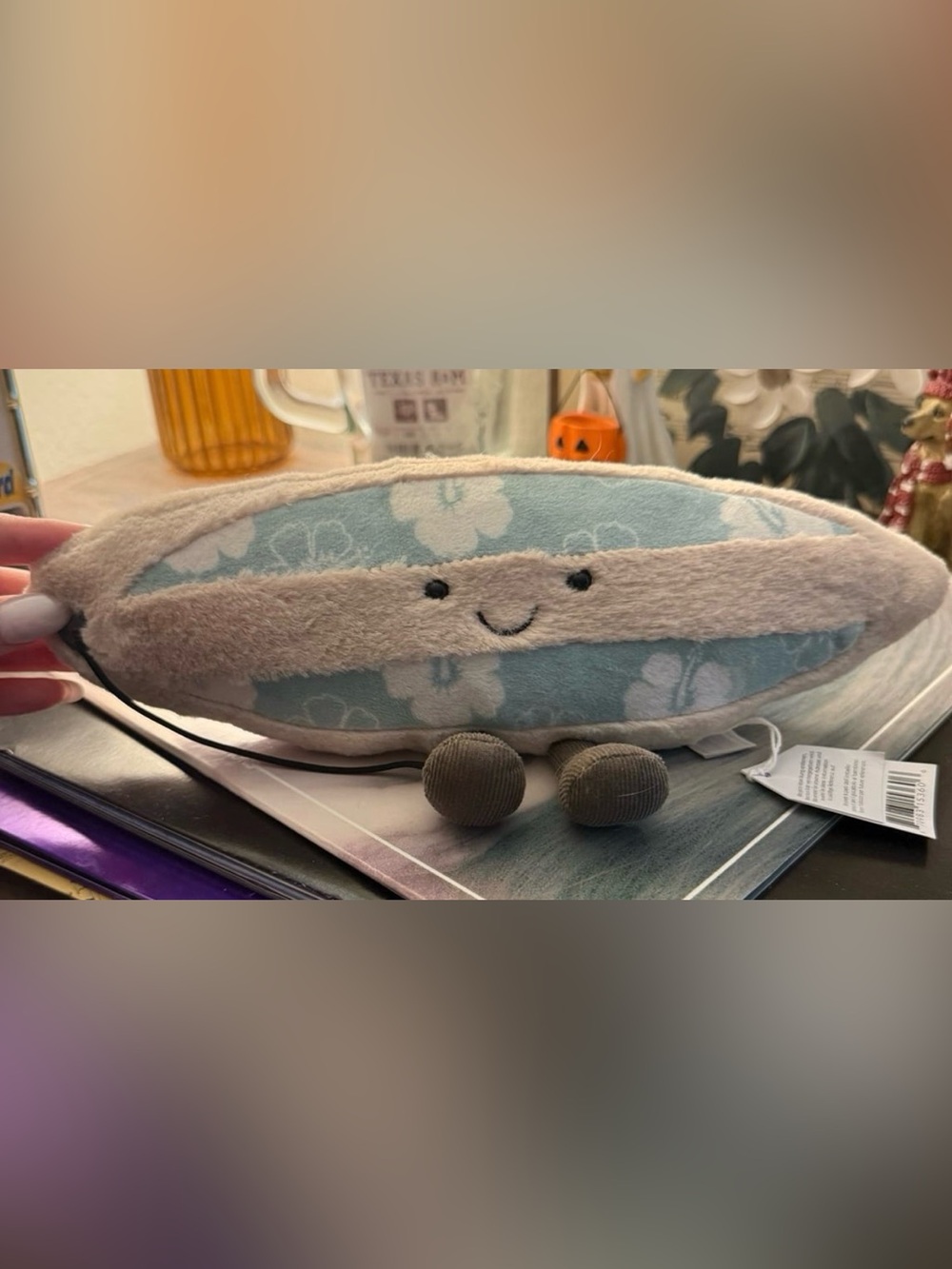 Jellycat Plush Smiling surfboard - Light Blue and Cream, authenticity guaranteed